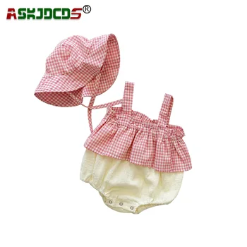  Летний комплект одежды для новорожденных, для маленьких девочек, без рукавов, в лоскутную клетку, из чистого хлопка, комбинезоны, детское боди + милая шляпка