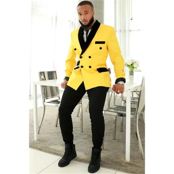  Мужские костюмы желтого и черного цветов, двубортный черный платок с лацканами, модные вечерние костюмы Terno, 2 предмета (куртка + брюки) Роскошный костюм Homme