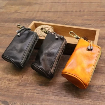  Новая мужская сумка для ключей из натуральной кожи, цепочка-держатель, домашняя сумка для хранения на молнии, двойной набор ключей, автомобильная сумка, кошелек для монет