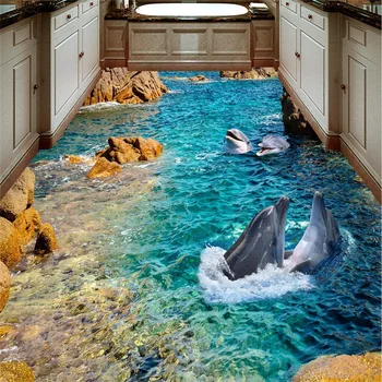  наклейка beibehang 3D настенная роспись пола HD каменный берег дельфина нескользящие водонепроницаемые утолщенные самоклеящиеся ПВХ Обои напольная живопись