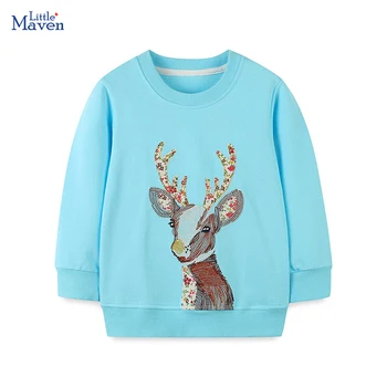  Детская одежда Little Maven, детская одежда, верхняя одежда для маленьких девочек, толстовка с рисунком оленя, Синяя 2024, весенне-осенние топы, толстовки