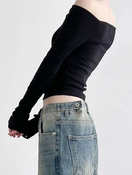  Женский укороченный топ Y2k с длинным рукавом и открытыми плечами, однотонные облегающие футболки Весна-осень, модная уличная одежда