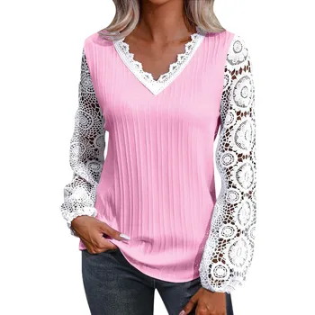  Женская свободная кружевная футболка в стиле пэчворк с V-образным вырезом и длинными рукавами, Топ, женский свитер, тренд 2023, распродажа женской одежды 2024