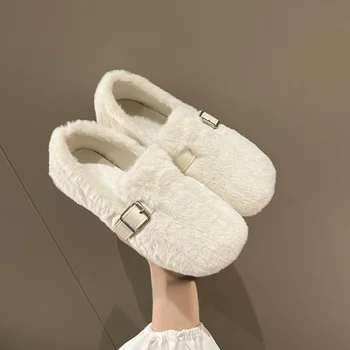  2024 Новая модная осенне-зимняя женская обувь на плоской подошве с круглым носком и пряжкой, повседневная плюшевая домашняя теплая женская хлопчатобумажная обувь с глубоким вырезом