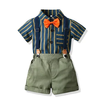  летняя рубашка в полоску с коротким рукавом и бантом для детей 1-3 лет, шорты на подтяжках для мальчиков, два комплекта оптом для детей