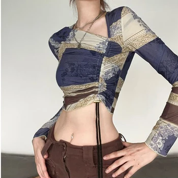  Винтажный Y2K в готическом стиле Харадзюку, асимметричный топ с рисунком на плечах и завязками, Независимая эстетическая Одежда, Рубашка emoT