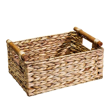  Плетеная корзина прямоугольная с деревянными ручками для полок, корзина для хранения водяного гиацинта, натуральные корзины