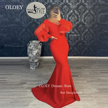  Вечерние платья OLOEY Red Mermaid с открытыми плечами, пышными длинными рукавами, стрейчевым атласом, свадебные платья для выпускного вечера, Vestidos de fiesta