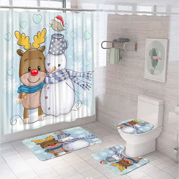  Рождественский мультяшный Снеговик, Олень, занавеска для душа, Нескользящий коврик, крышка унитаза, коврик для ванной, Рождественская птичка, экран для декора ванной комнаты для детей