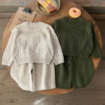  2024, Весенний новый комплект детских вязаных свитеров для мальчиков и девочек, однотонные повседневные пуловеры, топы + средние брюки, костюм из 2 предметов, повседневная одежда для малышей