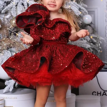  Свадебное платье для вечеринки по случаю дня рождения маленьких девочек, золотисто-красная принцесса, торт на одно плечо, расшитый блестками, детские платья, новогодний детский наряд
