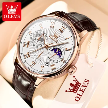  Мужские часы OLEVS 2893 Модный деловой календарь Часы с кодом времени фазы Луны Оригинальный кожаный ремешок Кварцевые мужские часы