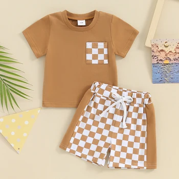  Летняя одежда для маленьких мальчиков из 2 предметов, топы с короткими рукавами, шорты с рисунком в шахматном порядке, Комплект одежды для малышей