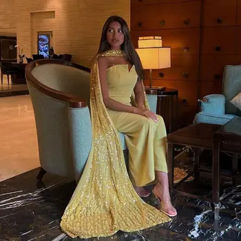  Желтое элегантное вечернее платье Русалки длиной до щиколоток со шлейфом, платья для выпускного вечера, кружевное вечернее платье для женщин, свадебная вечеринка