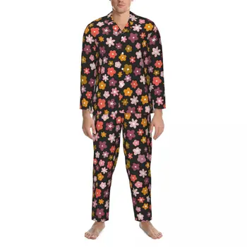  Пижамы с цветочным рисунком Ditsy, мужские пижамы с яркими цветами, удобные пижамы для спальни, весенние пижамные комплекты из двух предметов с винтажным принтом большого размера
