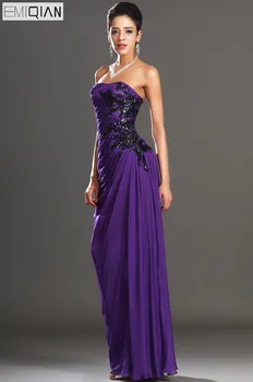  Бесплатная доставка Новое великолепное фиолетовое шифоновое вечернее платье без бретелек с прямым вырезом