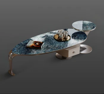  Журнальный столик с каменной плитой, Легкий Роскошный Современный минималистичный Итальянский Мраморный журнальный столик Villa Microlite, тумба для телевизора