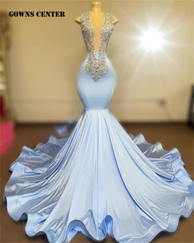  Светло-голубые Элегантные платья для выпускного вечера для чернокожих девушек, женское платье русалки с серебряным хрусталем, расшитое бисером, для особых случаев, атласная свадьба