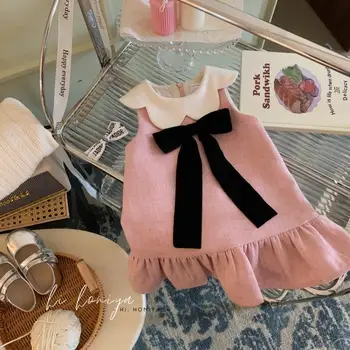  2023 Корейская новая детская весенняя одежда, детская жилетка, юбка с цветочным бантом, контрастная жилетка, юбка, элегантное платье Xiaoxiangfeng для малышей