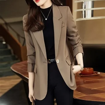 Однотонный блейзер Женский 2024 Новый Весенне-летний Приталенный пиджак с длинным рукавом, блузки с одной пряжкой, Офисный женский костюм, пальто