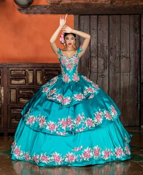  Синие платья Charro Quinceanera Бальное платье с атласными многоуровневыми аппликациями в виде сердечка Мексиканская сладость 16 платьев 15 Anos