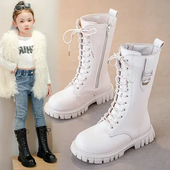  Детские нескользящие плюшевые зимние сапоги до колена на молнии для девочек, высокие кожаные сапоги, зимние модные спортивные ботинки, обувь принцессы 2023