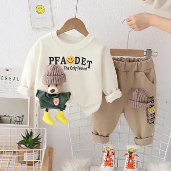  Роскошный комплект для маленьких мальчиков 2024 года, весенне-осенний пуловер с героями мультфильмов, футболки и брюки с длинными рукавами, детская одежда для мальчиков и девочек из двух предметов